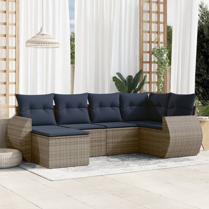 vidaXL - 6-delige - tuinbankset - met - kussens, - grijs - polyrotan