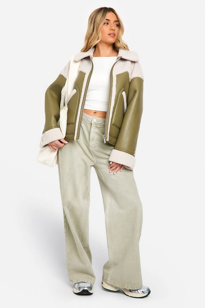boohoo Dames Aviatorjas van kunstleer met teddy-afwerking | Sage | Maat: 8