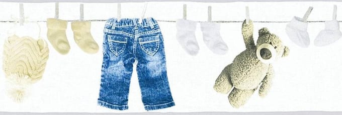 WASLIJN MET BABYSPULLETJES BEHANGRAND | Kinderkamer - blauw creme wit - A.S. Création Only Borders
