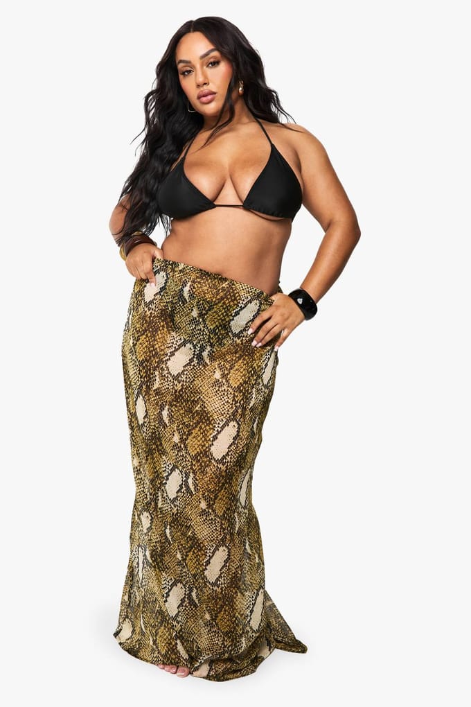 boohoo Dames Plus Beachwear Essentials Snake Print Maxi-rok | Bruin | Maat: 20/22