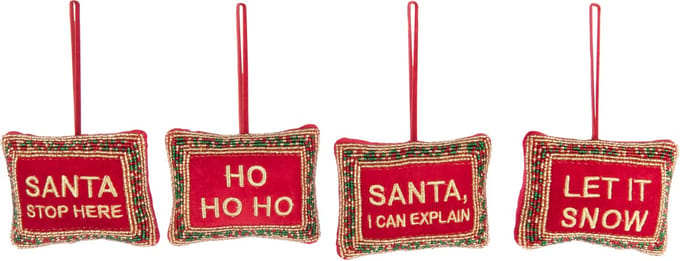 J-Line hanger Kerstcitaten Kralen - fluweel - kerstrood/goud - 4 stuks