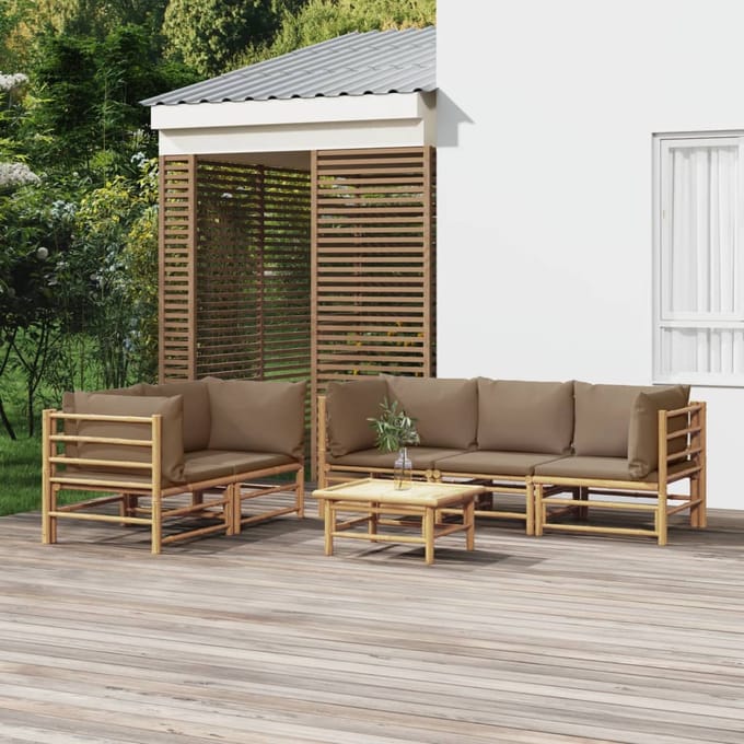 vidaXL - 6-delige - Loungeset - met - kussens - bamboe - taupe