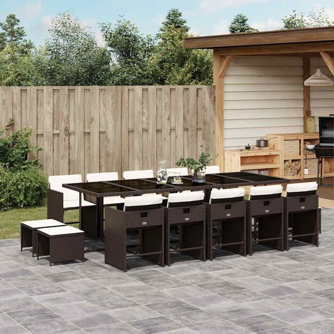 vidaXL - 15-delige - Tuinset - met - kussens - poly - rattan - bruin