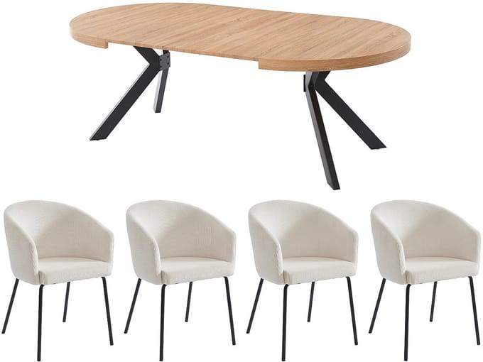 Vente-unique Set tafel KOMONI + 4 stoelen MORONI - Naturel en crèmewit