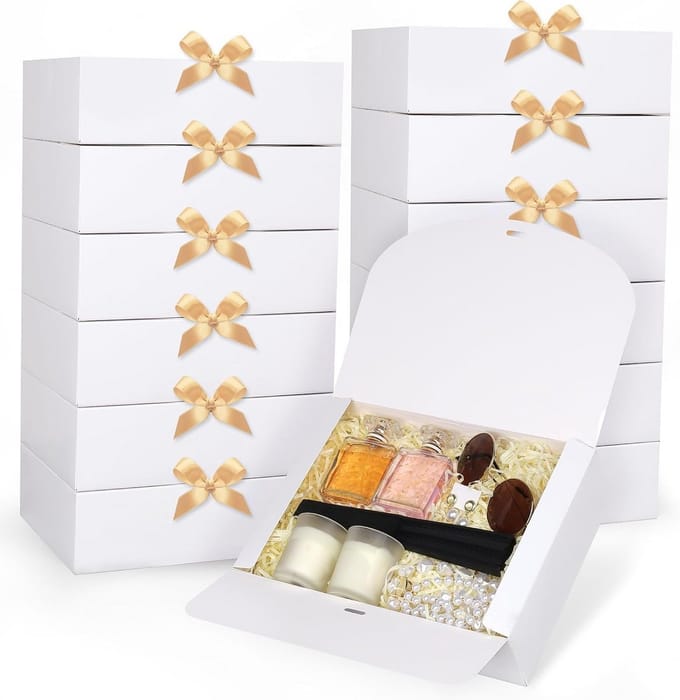 SnelShoppen - 12 Stuks Witte Cadeauboxen met Deksel 27x20x8 cm, Luxe Cadeauverpakking met Gouden Satijnlint voor Verjaardag, Bruiloft, Kerst en Feeste