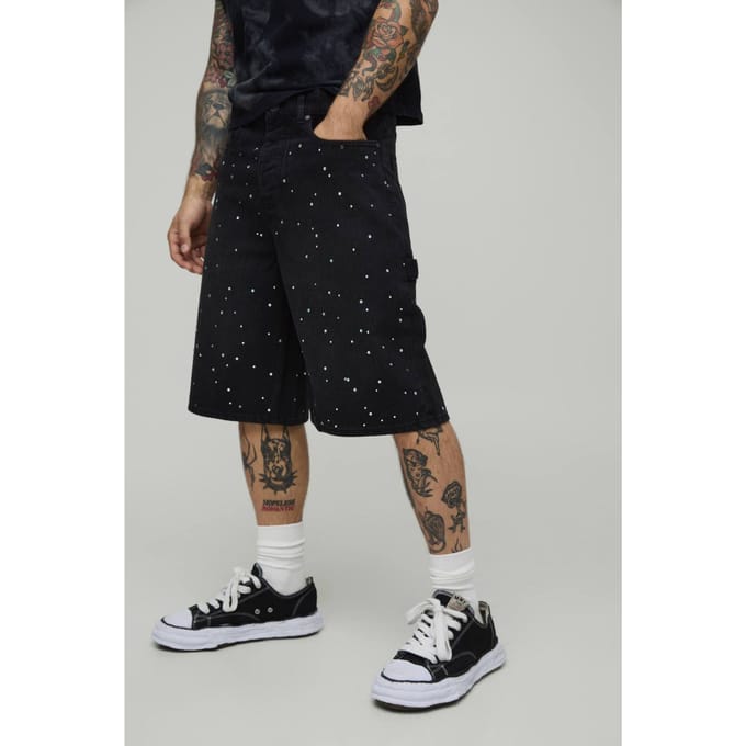 All Over Rhinestone Overdye Denim Jorts | Washed Black | Size 44