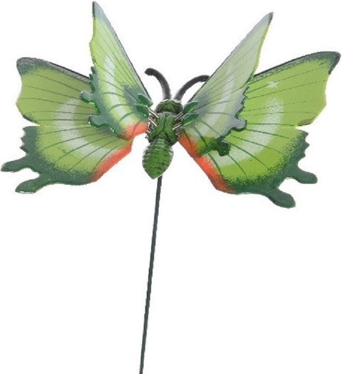 Decoris tuin deco vlinder op stok - groen - metaal - 12 x 70 cm - dieren decoraties - bewegend
