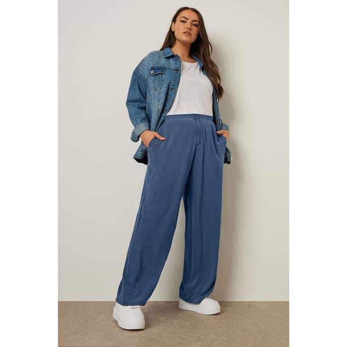 Yours Chambray Broek Met Wijde Pijpen En Elastische Taille In Blauw Size 48