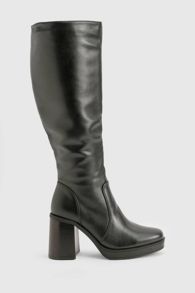 boohoo Dames Kniehoge Platform Block-Hoekhiel Laarzen | Zwart | Maat: 41