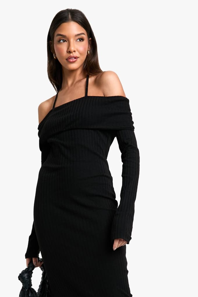 boohoo Dames Brede Rib Bardot Tie Midaxi-jurk | Black | Maat: 8