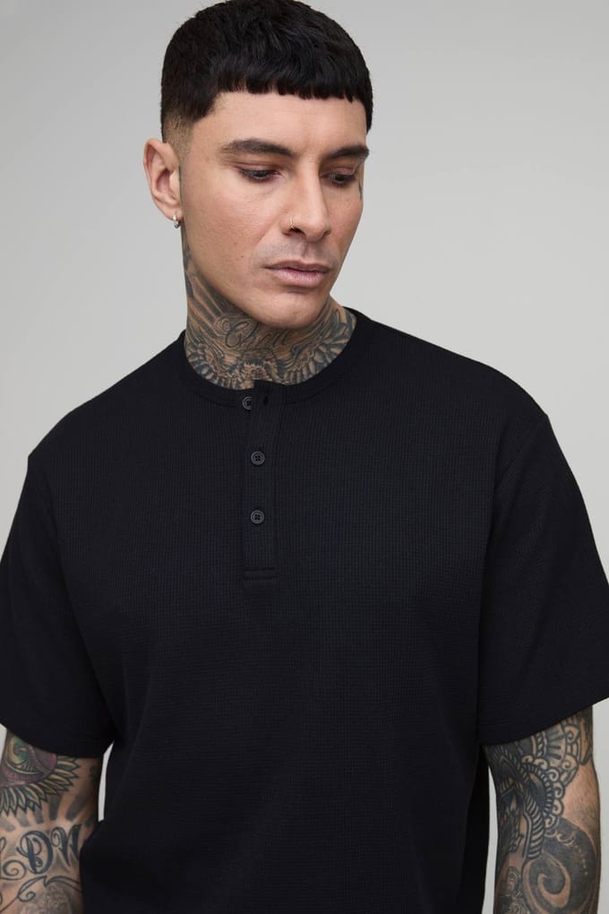 Tall Relaxed Fit Waffle Henley T-Shirt | Black | Size Medium