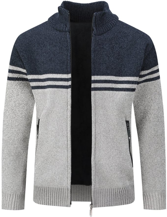 ALLTHEMEN Heren Cardigan met Opstaande Kraag - Gestreepte Ritssluiting - S
