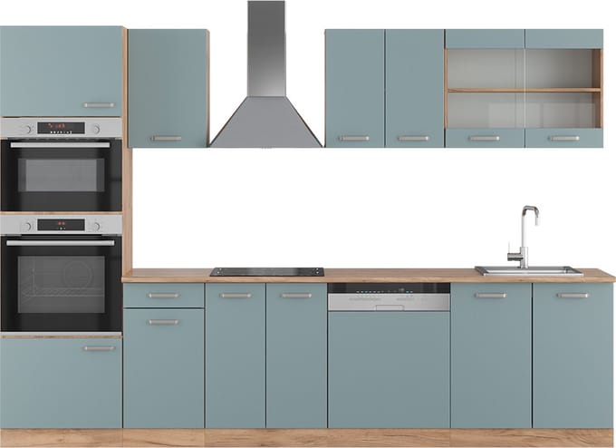 Vicco R-Line Complete keukeneenheid – 300 cm met hoge kast, WB Eik Blauw-grijs/gouden eik