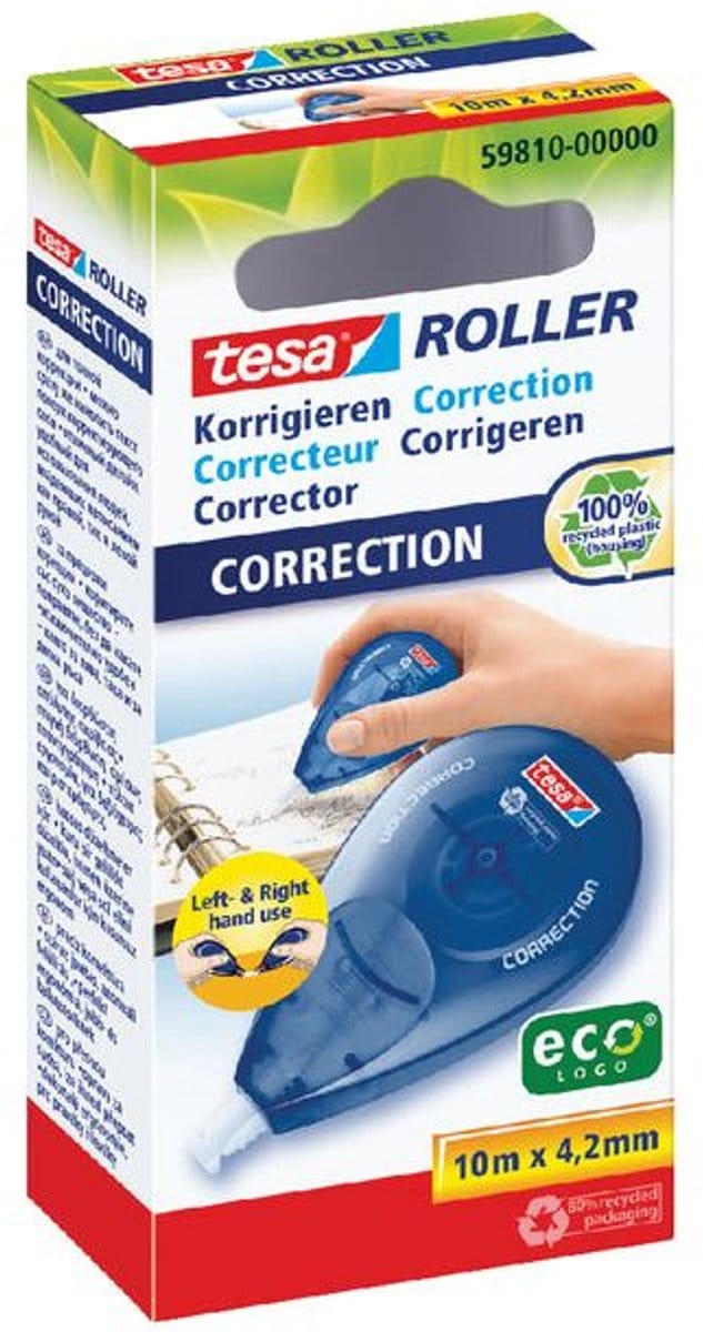 Correctietape tesa® ecoLogo® rechts & linkshandig 10mx4 | 2mm hangdoosje | 5 stuks