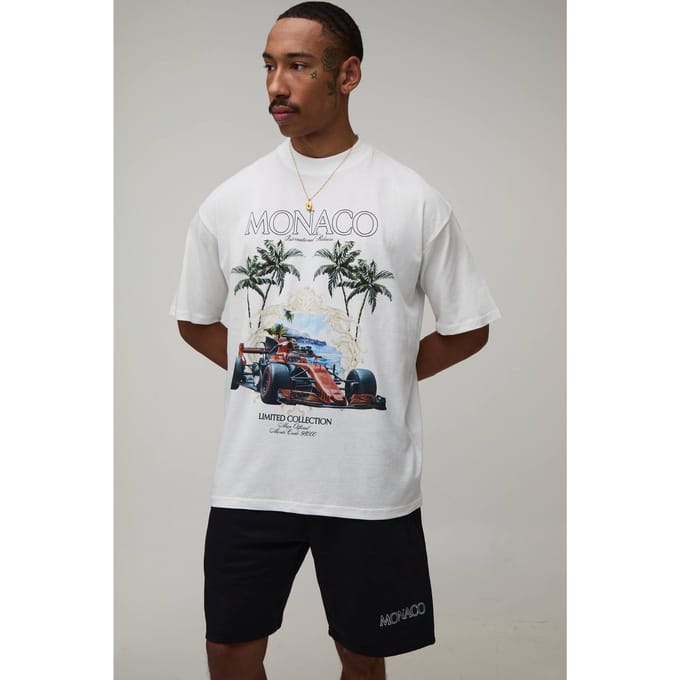 Oversized Monaco Racing Print T-shirt & Short Set | White | Size Small