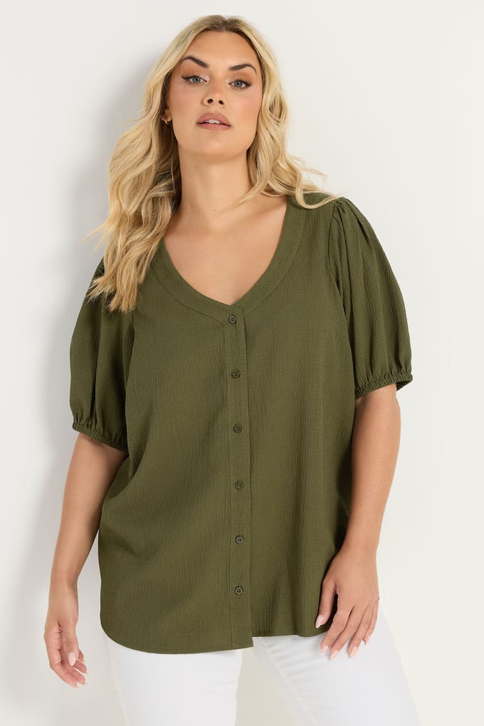 Yours Kakigroene Getextureerde Blouse Met Knoopdetail Size 42