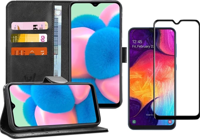 Hoesje geschikt voor Samsung Galaxy A30s - Screen Protector FullGuard - Book Case Kunstleer Pasjeshouder Zwart & Screenprotector