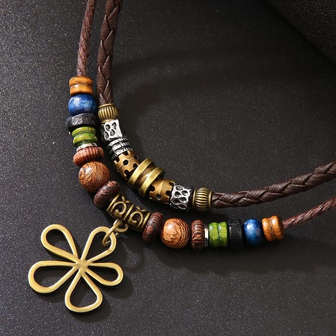 Trendy Persoonlijkheid Boheemse Kralen Wax Touw Ketting Trui Ketting Mode Oorbellen Ketting Set black