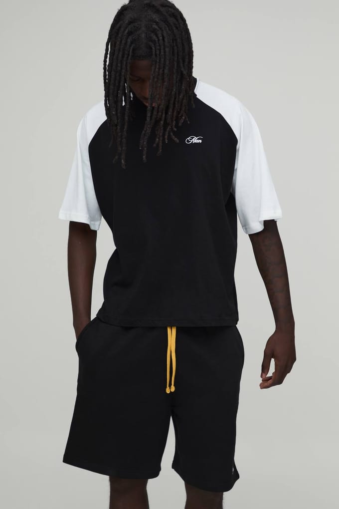Oversized Boxy Raglan T-shirt & Baggy Short Set | Black | Size Medium
