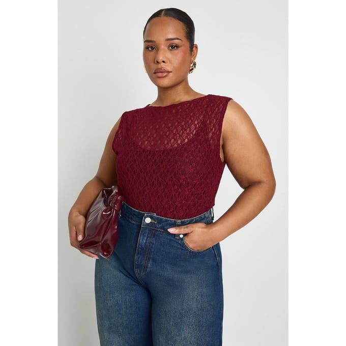 boohoo Dames Plus Kant Racerback Bodysuit | Burgundy | Maat: 22