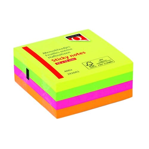 Memoblok Quantore 76x76mm neon kleuren assorti 4 kleuren 400 vel