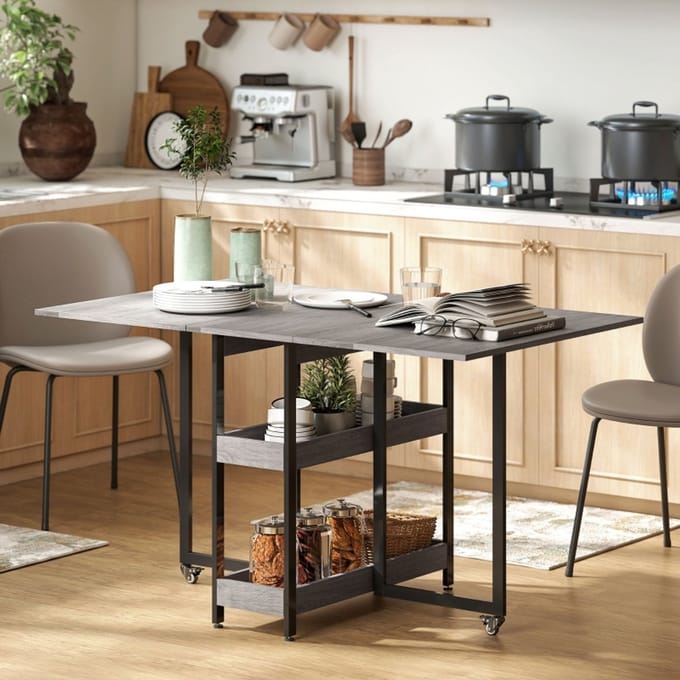 REDOM Eettafel 133,4 x 80 x 75 cm van hout, uitschuifbaar, grijs, met 2 open vakken en wieltjes