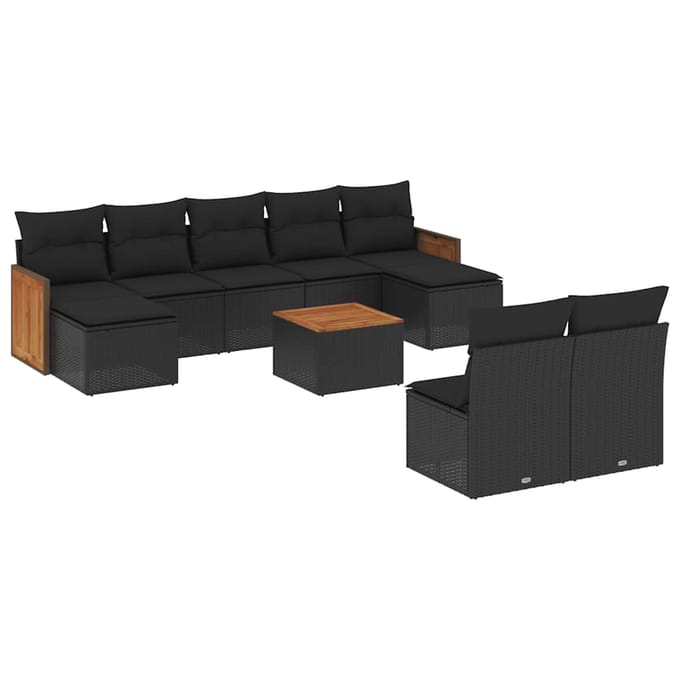vidaXL - 10-delige - Loungeset - met - kussens - poly - rattan - zwart