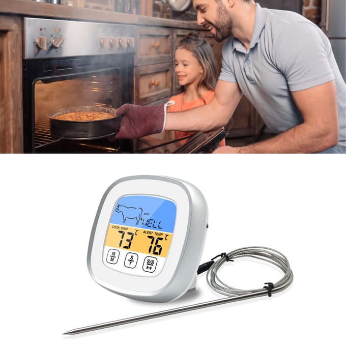 Digitale Timer Thermometer Touchscreen Roestvrijstalen Vleesthermometer voor Keuken BBQ Wit zwart