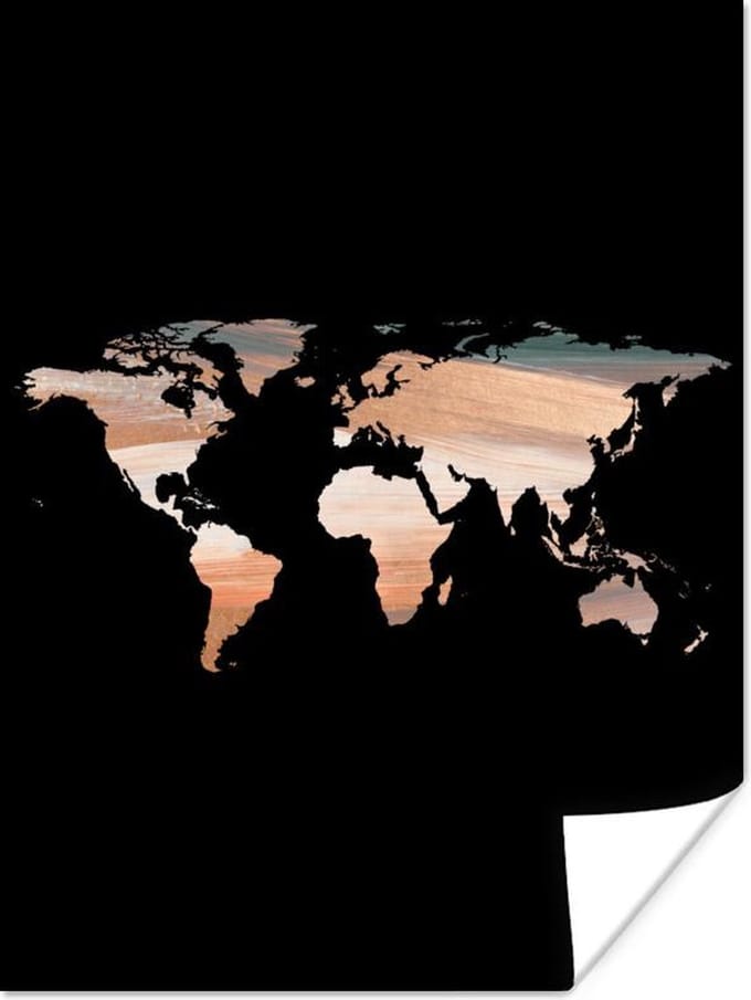 Poster - Wereldkaart - Kleuren - Zwart - 30x40 cm