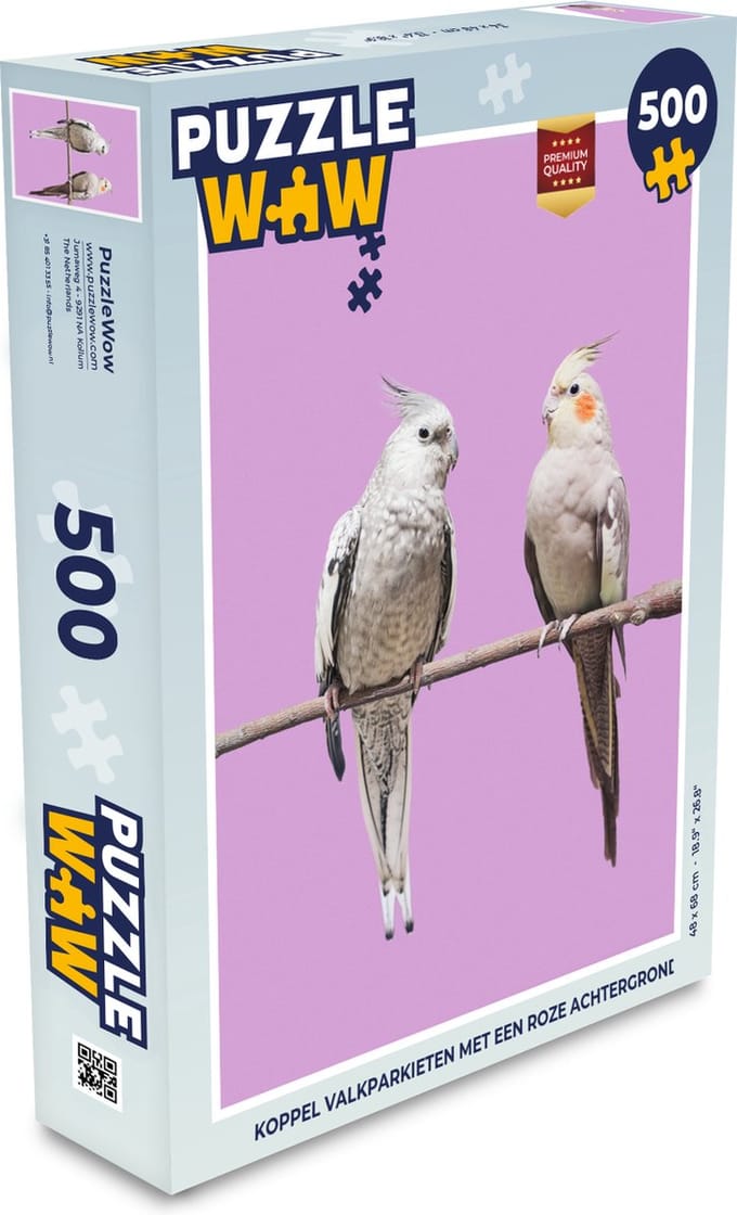 Puzzel Koppel valkparkieten met een roze achtergrond - Legpuzzel - Puzzel 500 stukjes