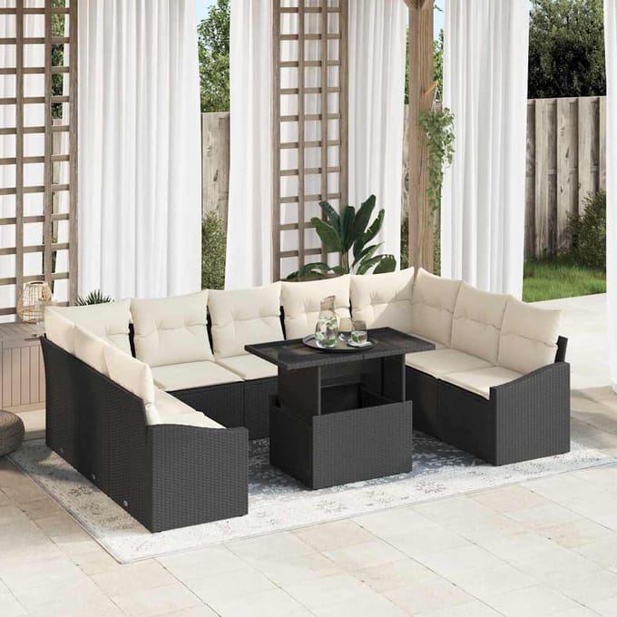 vidaXL - Bankstel - 10 - st - Zwart - en - Crème - poly - rattan