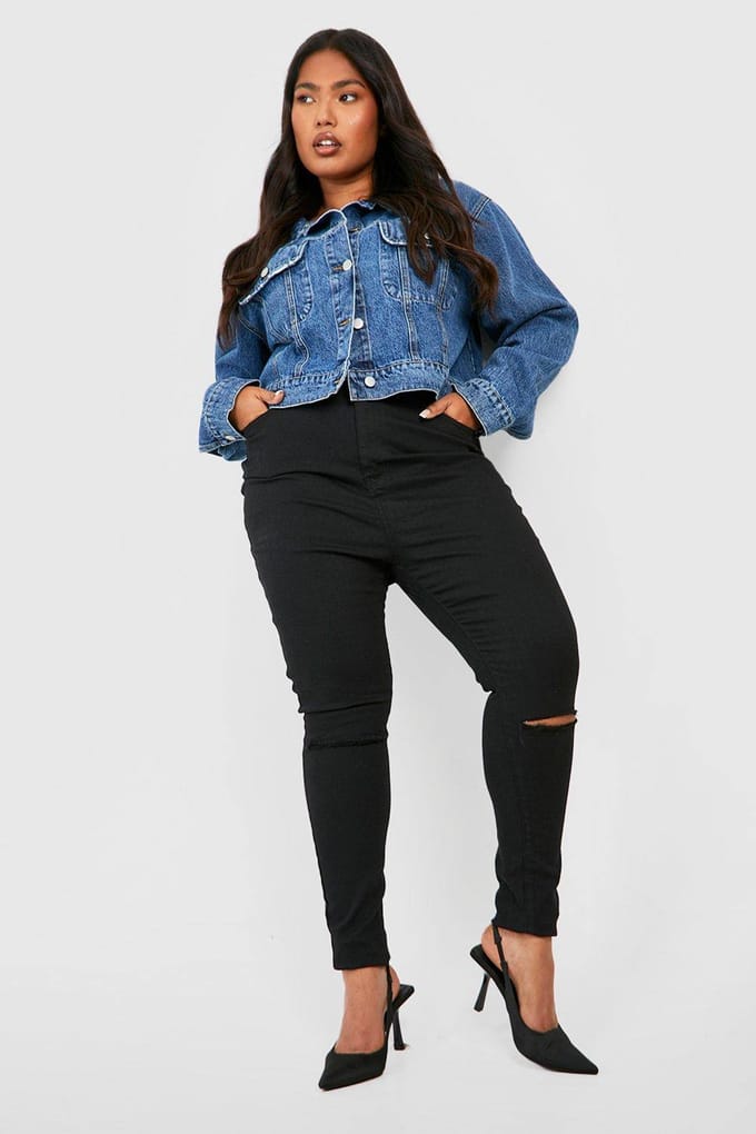 boohoo Dames Plus Rip Knie Skinny Jegging | Black | Maat: 28
