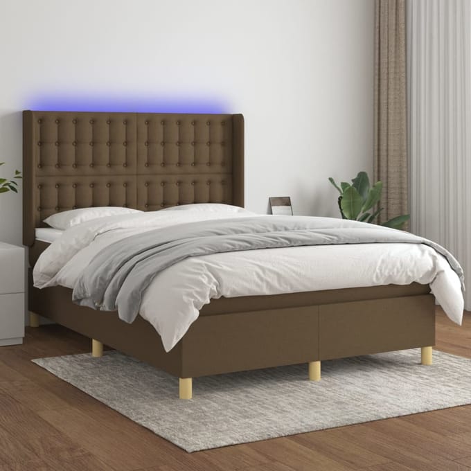vidaXL - Boxspring - met - matras - en - LED - stof - donkerbruin - 140x200 - cm