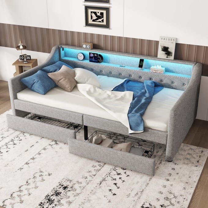 MODFU Bedframe 90x200 cm, gestoffeerd linnen met LED-ambientelicht, grijs