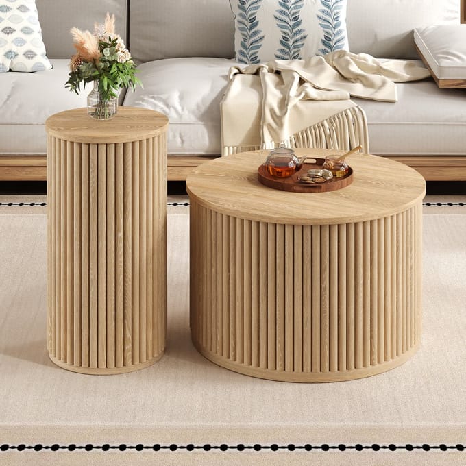 Salontafel / Bijzettafel – Dubbele Ronde Woonkamertafel met Natuurlijke Houten Latten – Multifunctioneel Design – MDF/Houtlook – Voor Woonkamer