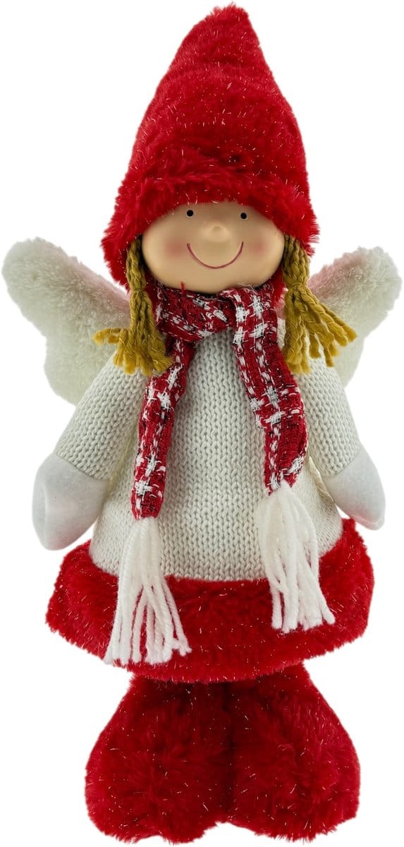 Staande Kerst Engel – 40 x 20 cm – 600 gram – Kerstdecoratie – Wit/Rood – Met Vleugels
