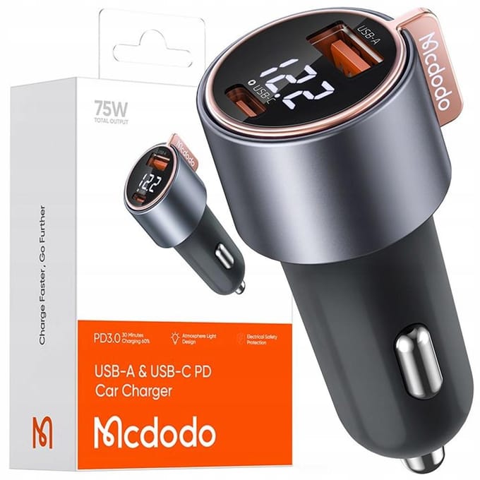 Auto-oplader McDodo CC-3690 Venus Display, 75W, 3A, 1 x USB-A - 1 x USB-C, Zwart