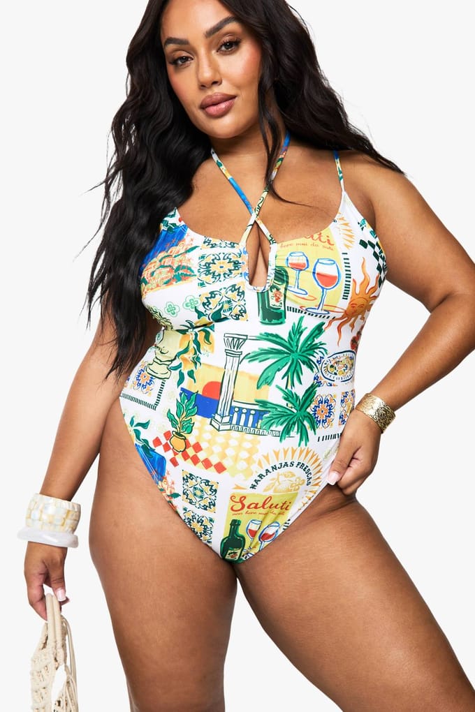 boohoo Dames Plus Postcard Print Tie Front Zwempak | Maat: 28