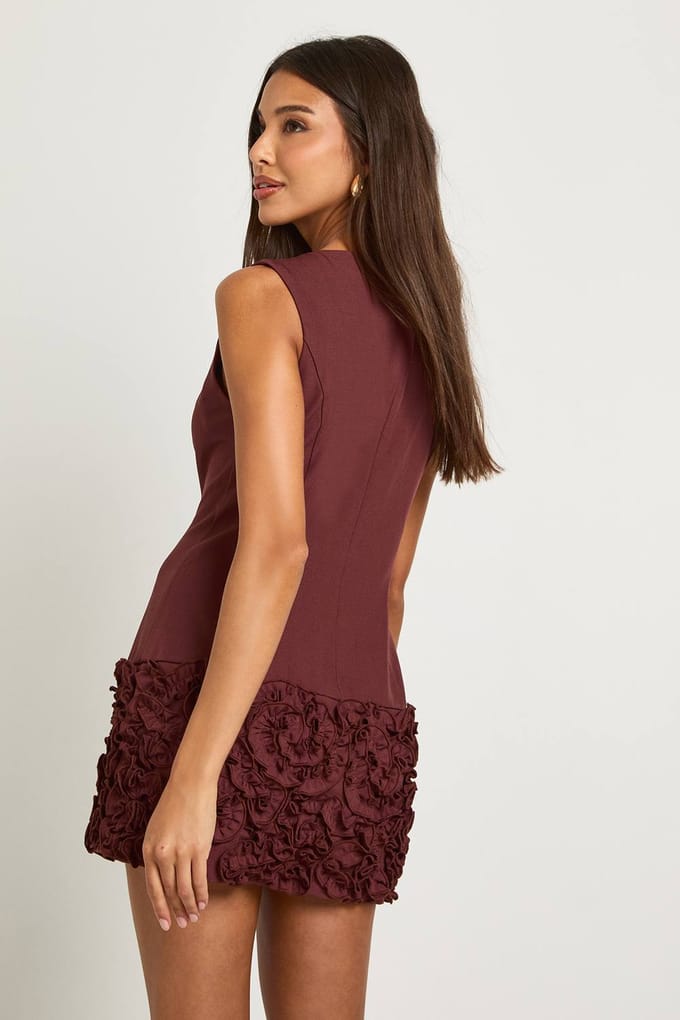 boohoo Dames 3D Bloemrijk Drop-hem Mini Jurk | Chocolate | Maat: 8