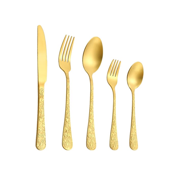 Complete Set RVS Servies Luxe Gouden Mes Vork Lepels Formele Dinerfeest Tafelgerei Gravering Handvat Bestekset Optie 5 Delen