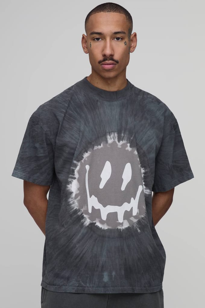 Oversized Tie Dye Smiley Face Print T-Shirt | Black | Size XS