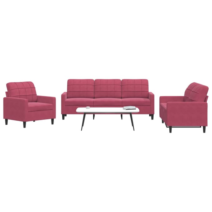 vidaXL 3-delige Loungeset met kussens fluweel wijnrood