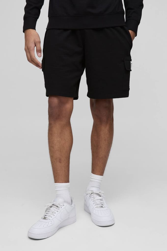 Lightweight Essential MAN. Relaxed Mid Length Label Cargo Shorts | Black | Size Medium