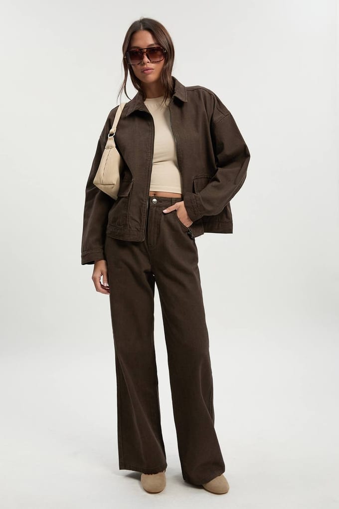 boohoo Dames Twilljas met kraag | Chocolate | Maat: 16