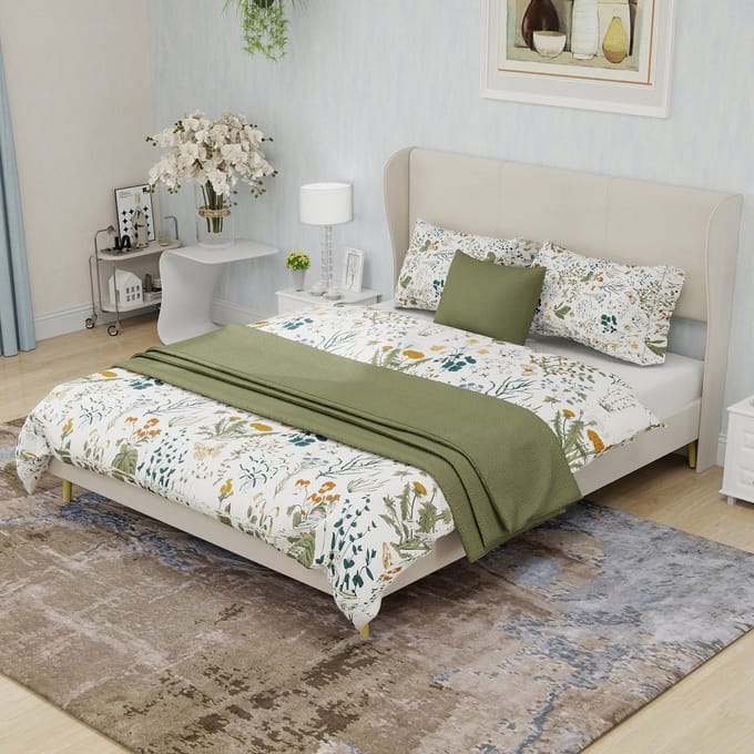 MODFU - Bedframe 140x200 cm – Gestoffeerd met zacht hoofdbord – Modern design – Beige