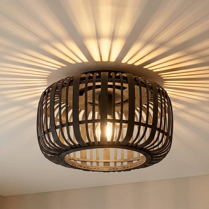 Lindby - plafondlamp hout - 1licht - Hout, metaal - H: 24 cm - E27 - zwart
