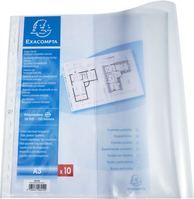 Exacompta 5x Pak van 10 geperforeerde showtassen - gladde PP 10/100ste - A3 horizontaal - Transparant - 6210E