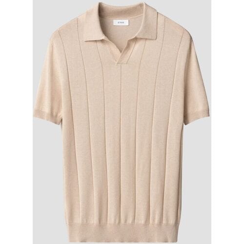 Eton Polo Open Collar Luxury Fine Silk Cotton Dropped Needle Stitch Beige / male