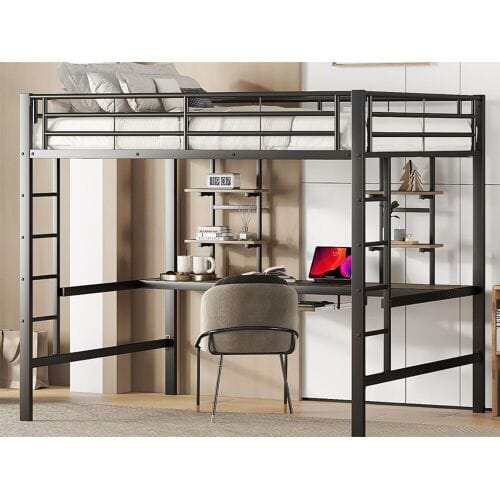 Merax Mezzaninebed 140 x 200 cm - bureau en planken - metaal - zwart
