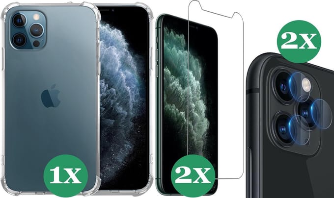 Hoesje geschikt voor iPhone 11 Pro Transparant Shock Case - 2x Screenprotector Glas + 2x Camera Screen Protector